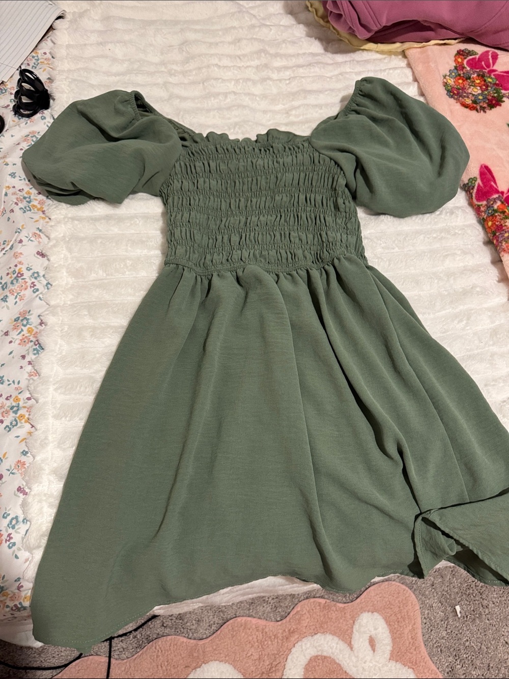 Inspired Hearts Sage Green Smocked Puff-Sleeve Casual Dress